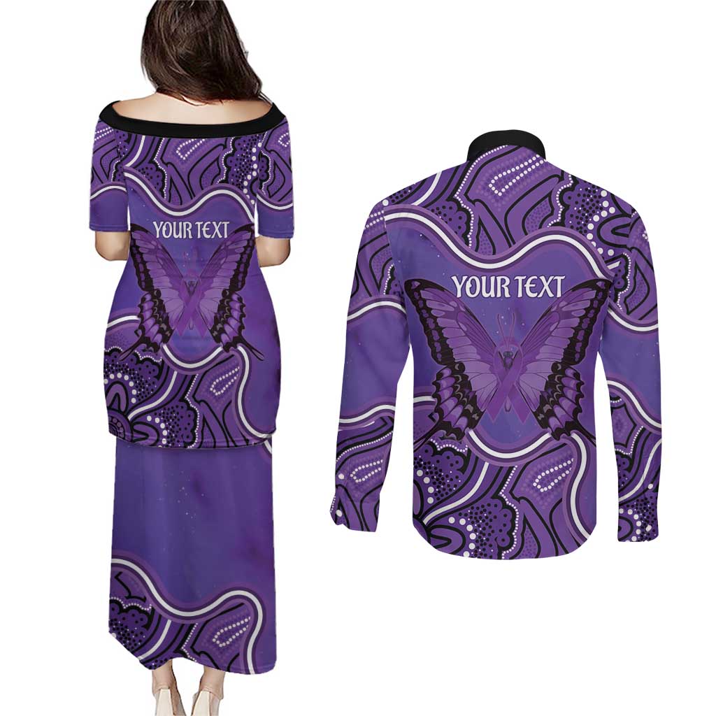 Australia Lupus Awareness Month Personalised Couples Matching Puletasi and Long Sleeve Button Shirt Butterfly Purple Ribbon Invisible Illness Indigenous Art