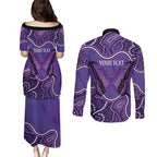 Australia Lupus Awareness Month Personalised Couples Matching Puletasi and Long Sleeve Button Shirt Butterfly Purple Ribbon Invisible Illness Indigenous Art