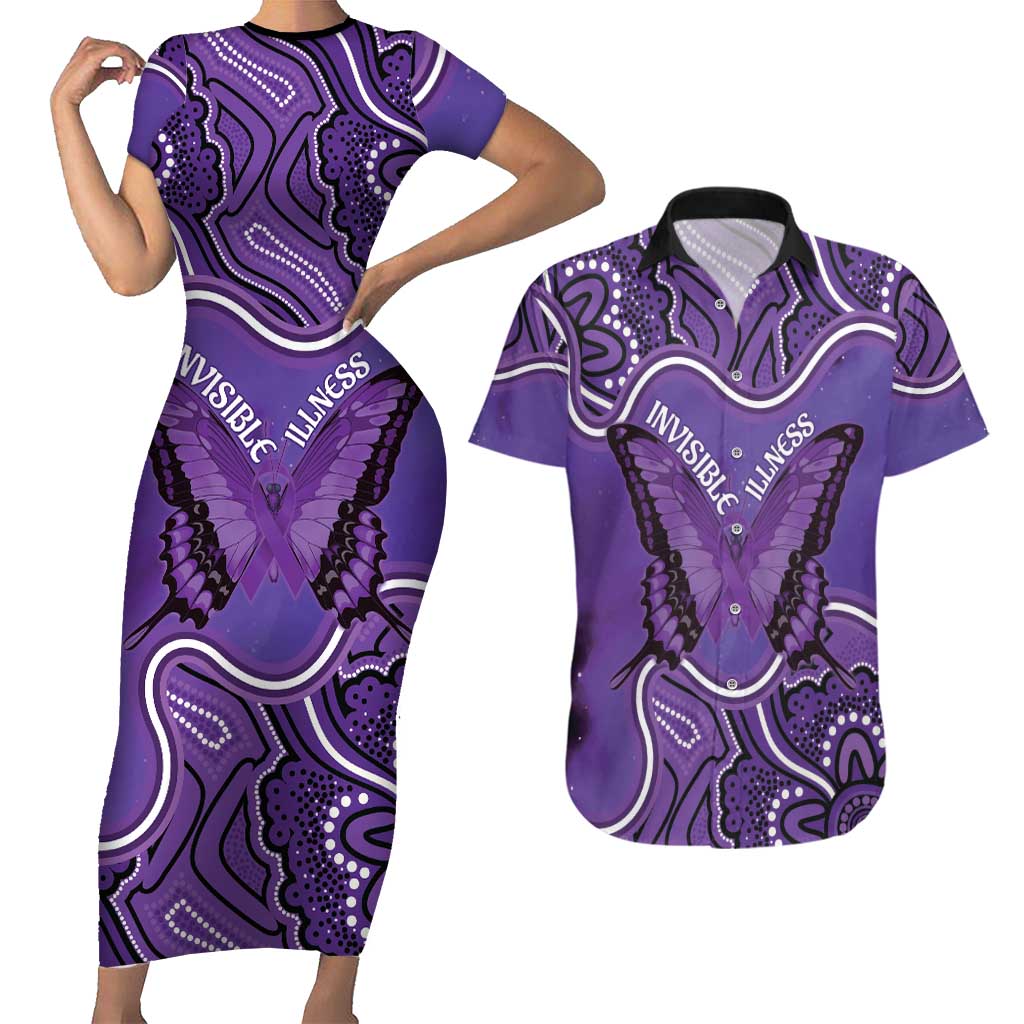 Australia Lupus Awareness Month Personalised Couples Matching Short Sleeve Bodycon Dress and Hawaiian Shirt Butterfly Purple Ribbon Invisible Illness Indigenous Art