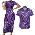 Australia Lupus Awareness Month Personalised Couples Matching Short Sleeve Bodycon Dress and Hawaiian Shirt Butterfly Purple Ribbon Invisible Illness Indigenous Art
