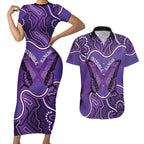 Australia Lupus Awareness Month Personalised Couples Matching Short Sleeve Bodycon Dress and Hawaiian Shirt Butterfly Purple Ribbon Invisible Illness Indigenous Art