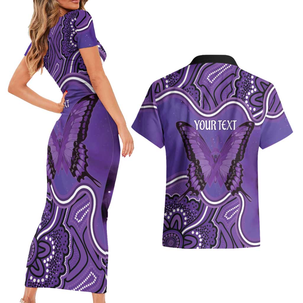 Australia Lupus Awareness Month Personalised Couples Matching Short Sleeve Bodycon Dress and Hawaiian Shirt Butterfly Purple Ribbon Invisible Illness Indigenous Art