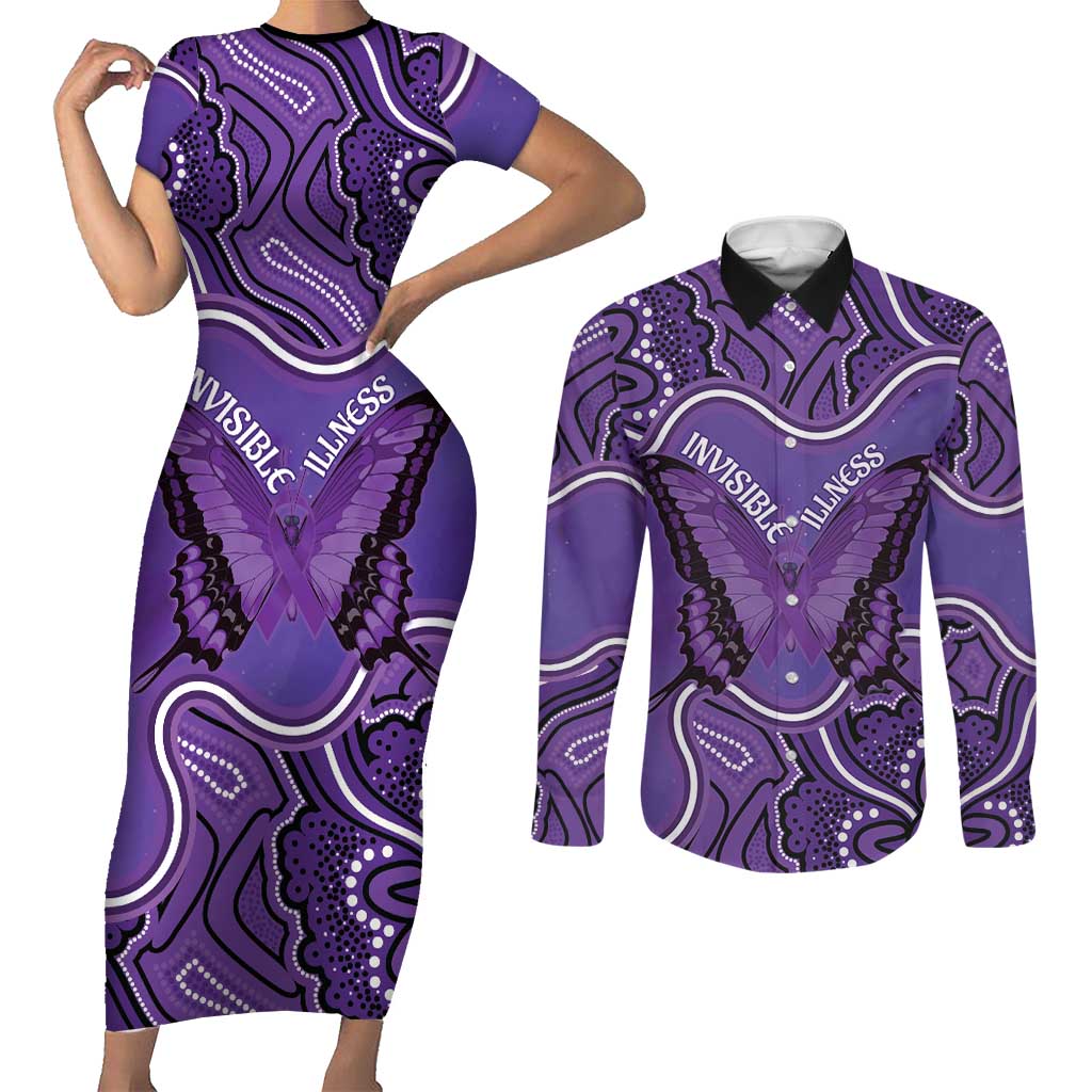 Australia Lupus Awareness Month Personalised Couples Matching Short Sleeve Bodycon Dress and Long Sleeve Button Shirt Butterfly Purple Ribbon Invisible Illness Indigenous Art