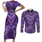 Australia Lupus Awareness Month Personalised Couples Matching Short Sleeve Bodycon Dress and Long Sleeve Button Shirt Butterfly Purple Ribbon Invisible Illness Indigenous Art