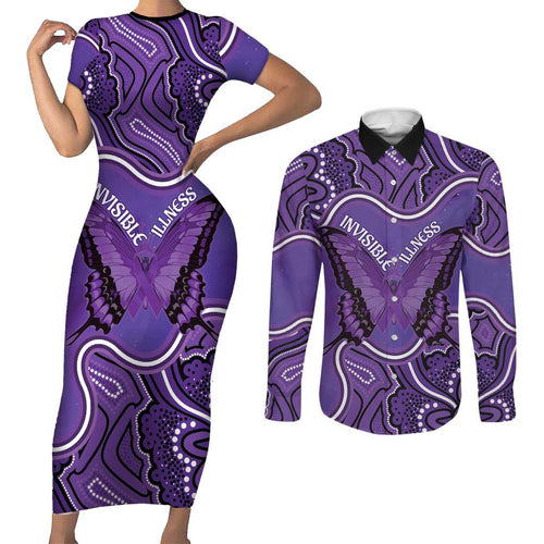 Australia Lupus Awareness Month Personalised Couples Matching Short Sleeve Bodycon Dress and Long Sleeve Button Shirt Butterfly Purple Ribbon Invisible Illness Indigenous Art