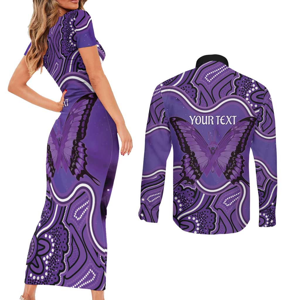 Australia Lupus Awareness Month Personalised Couples Matching Short Sleeve Bodycon Dress and Long Sleeve Button Shirt Butterfly Purple Ribbon Invisible Illness Indigenous Art