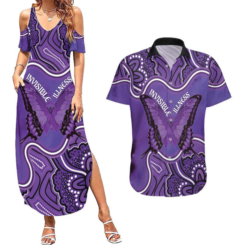 Australia Lupus Awareness Month Personalised Couples Matching Summer Maxi Dress and Hawaiian Shirt Butterfly Purple Ribbon Invisible Illness Indigenous Art