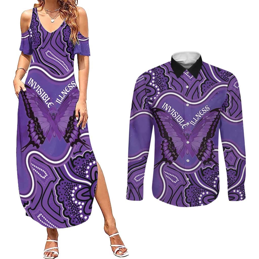 Australia Lupus Awareness Month Personalised Couples Matching Summer Maxi Dress and Long Sleeve Button Shirt Butterfly Purple Ribbon Invisible Illness Indigenous Art