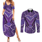 Australia Lupus Awareness Month Personalised Couples Matching Summer Maxi Dress and Long Sleeve Button Shirt Butterfly Purple Ribbon Invisible Illness Indigenous Art
