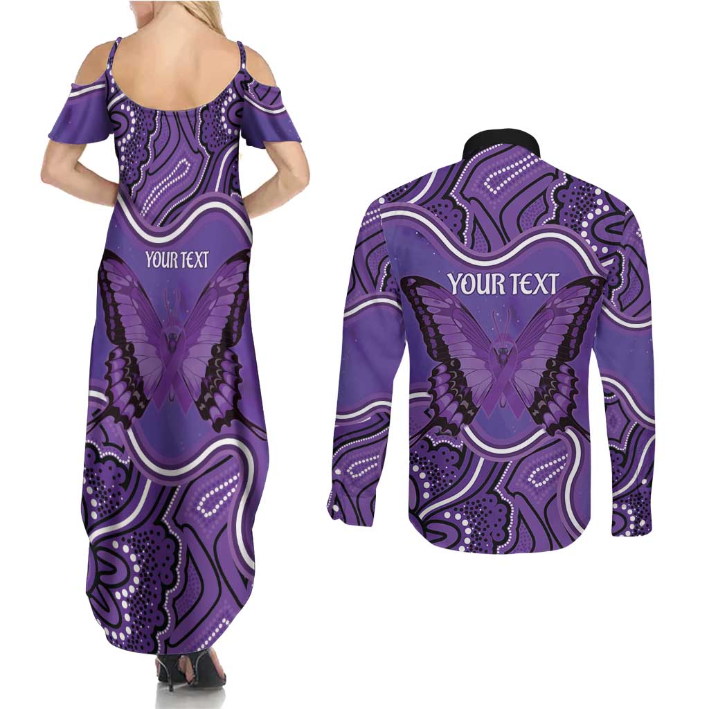 Australia Lupus Awareness Month Personalised Couples Matching Summer Maxi Dress and Long Sleeve Button Shirt Butterfly Purple Ribbon Invisible Illness Indigenous Art