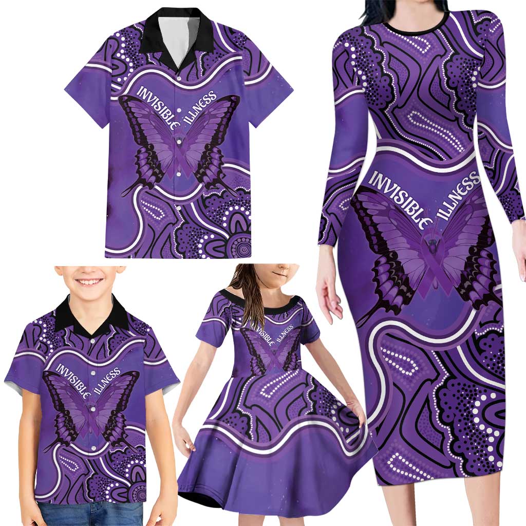 Australia Lupus Awareness Month Personalised Family Matching Long Sleeve Bodycon Dress and Hawaiian Shirt Butterfly Purple Ribbon Invisible Illness Indigenous Art