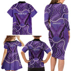 Australia Lupus Awareness Month Personalised Family Matching Long Sleeve Bodycon Dress and Hawaiian Shirt Butterfly Purple Ribbon Invisible Illness Indigenous Art