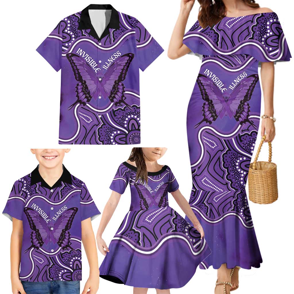 Australia Lupus Awareness Month Personalised Family Matching Mermaid Dress and Hawaiian Shirt Butterfly Purple Ribbon Invisible Illness Indigenous Art