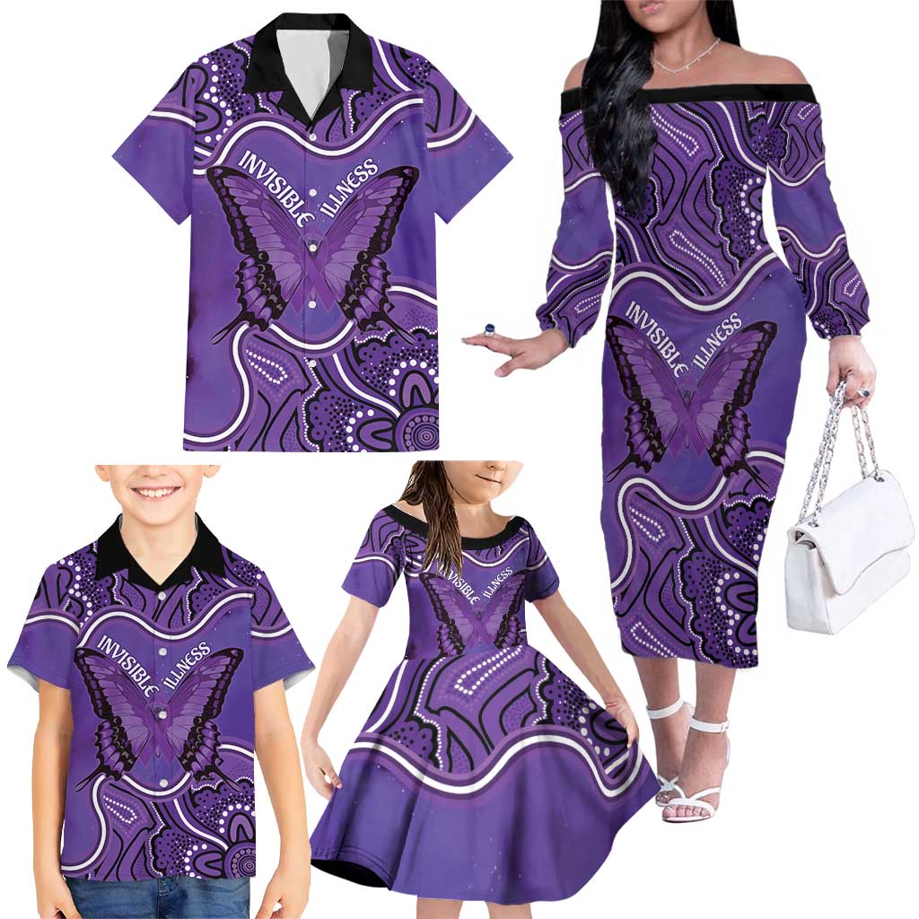 Australia Lupus Awareness Month Personalised Family Matching Off The Shoulder Long Sleeve Dress and Hawaiian Shirt Butterfly Purple Ribbon Invisible Illness Indigenous Art
