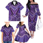 Australia Lupus Awareness Month Personalised Family Matching Off The Shoulder Long Sleeve Dress and Hawaiian Shirt Butterfly Purple Ribbon Invisible Illness Indigenous Art