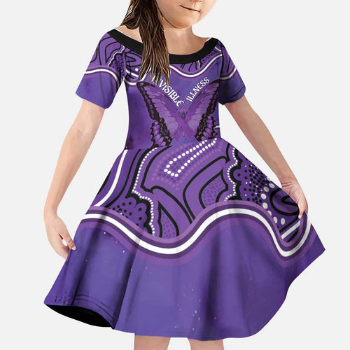 Australia Lupus Awareness Month Personalised Family Matching Off The Shoulder Long Sleeve Dress and Hawaiian Shirt Butterfly Purple Ribbon Invisible Illness Indigenous Art
