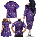 Australia Lupus Awareness Month Personalised Family Matching Off The Shoulder Long Sleeve Dress and Hawaiian Shirt Butterfly Purple Ribbon Invisible Illness Indigenous Art