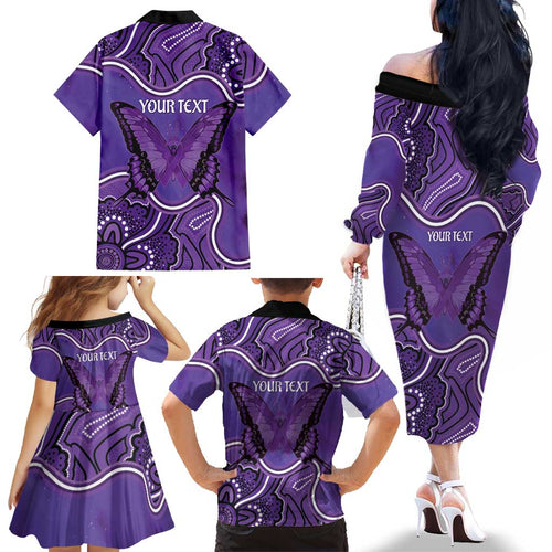 Australia Lupus Awareness Month Personalised Family Matching Off The Shoulder Long Sleeve Dress and Hawaiian Shirt Butterfly Purple Ribbon Invisible Illness Indigenous Art