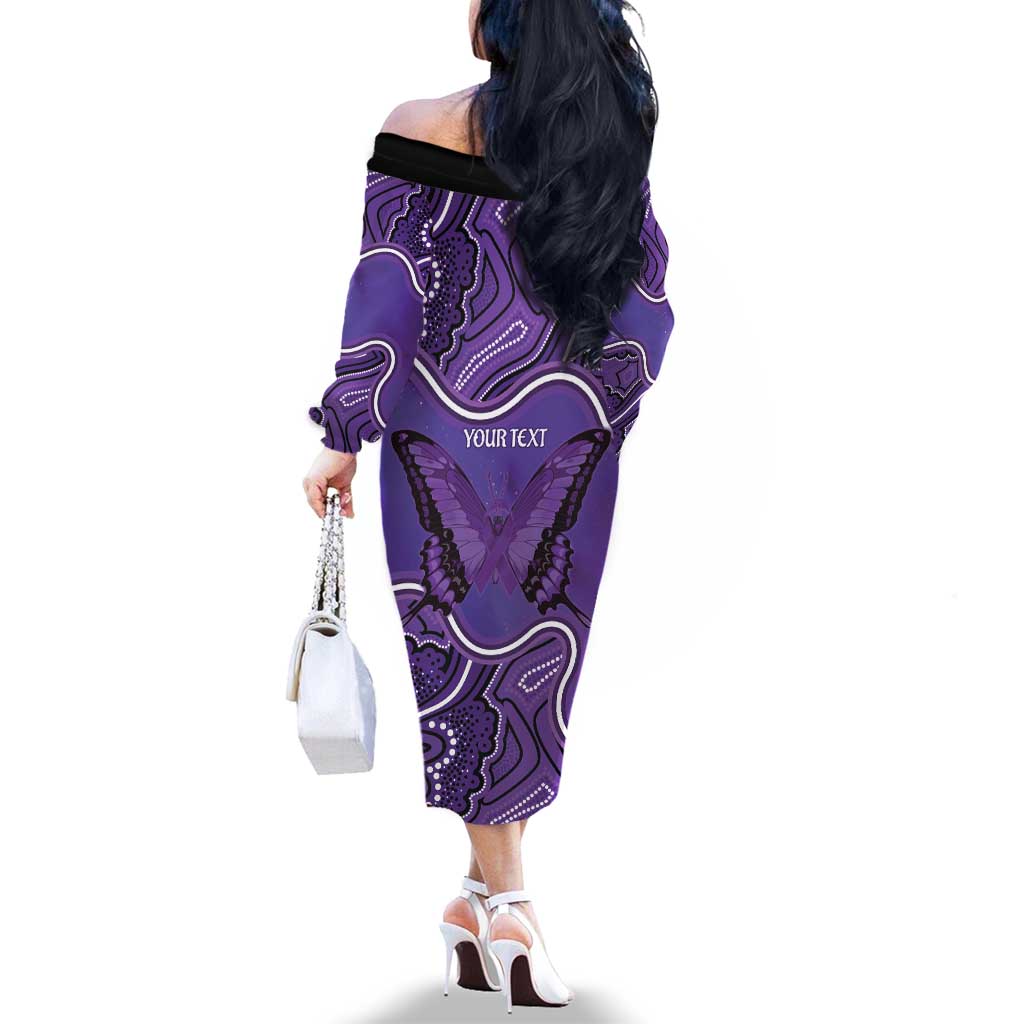 Australia Lupus Awareness Month Personalised Family Matching Off The Shoulder Long Sleeve Dress and Hawaiian Shirt Butterfly Purple Ribbon Invisible Illness Indigenous Art