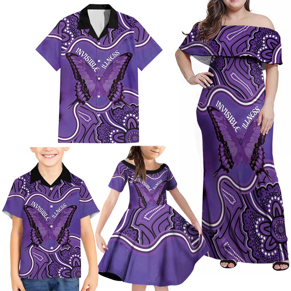 Australia Lupus Awareness Month Personalised Family Matching Off Shoulder Maxi Dress and Hawaiian Shirt Butterfly Purple Ribbon Invisible Illness Indigenous Art