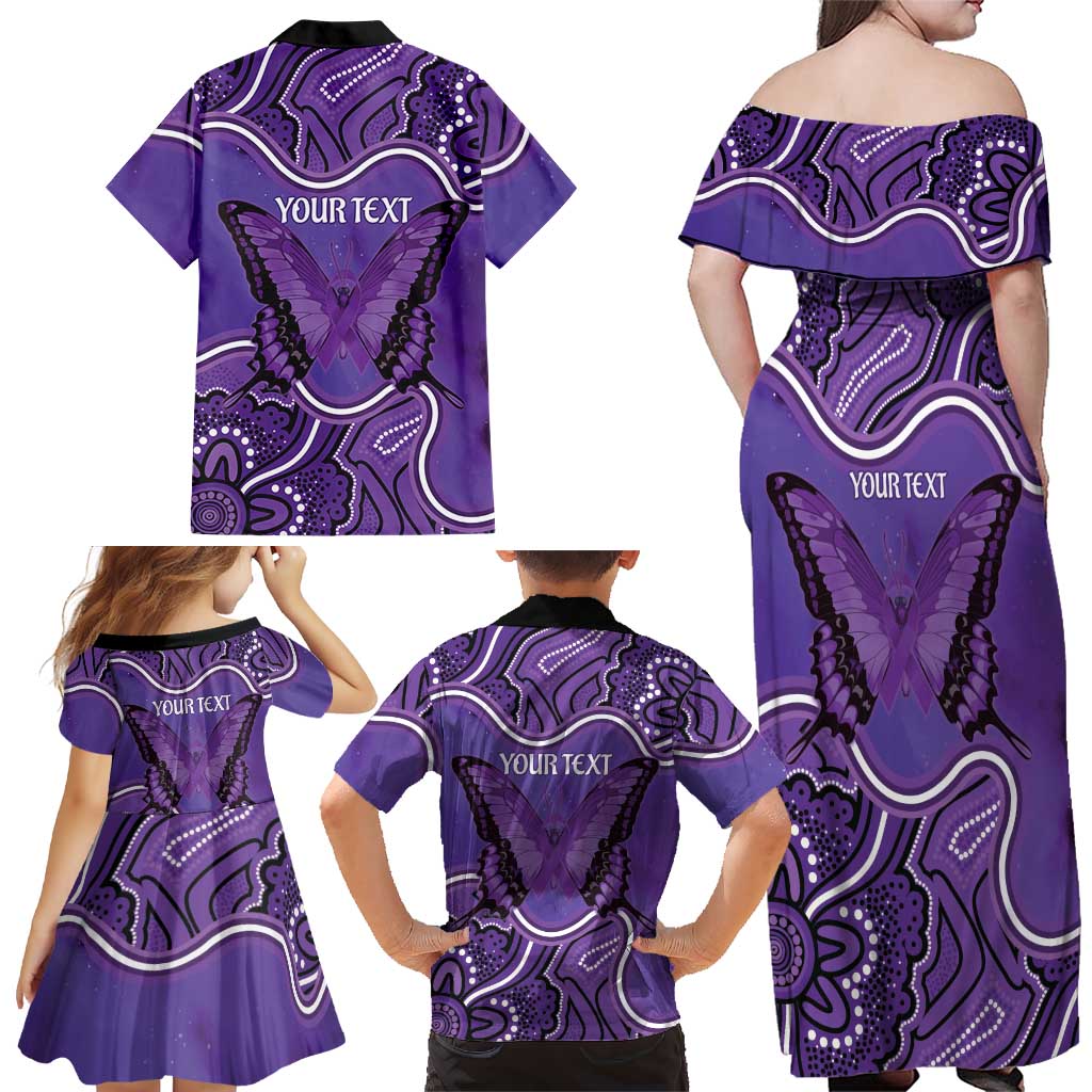 Australia Lupus Awareness Month Personalised Family Matching Off Shoulder Maxi Dress and Hawaiian Shirt Butterfly Purple Ribbon Invisible Illness Indigenous Art