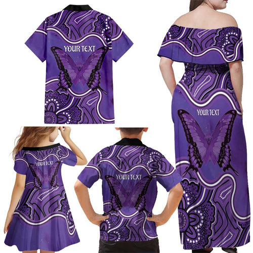 Australia Lupus Awareness Month Personalised Family Matching Off Shoulder Maxi Dress and Hawaiian Shirt Butterfly Purple Ribbon Invisible Illness Indigenous Art
