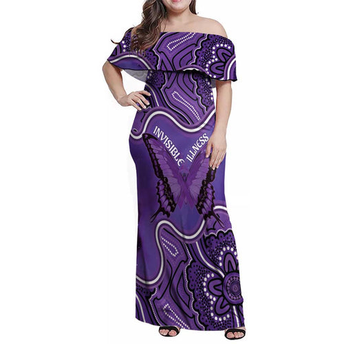 Australia Lupus Awareness Month Personalised Family Matching Off Shoulder Maxi Dress and Hawaiian Shirt Butterfly Purple Ribbon Invisible Illness Indigenous Art