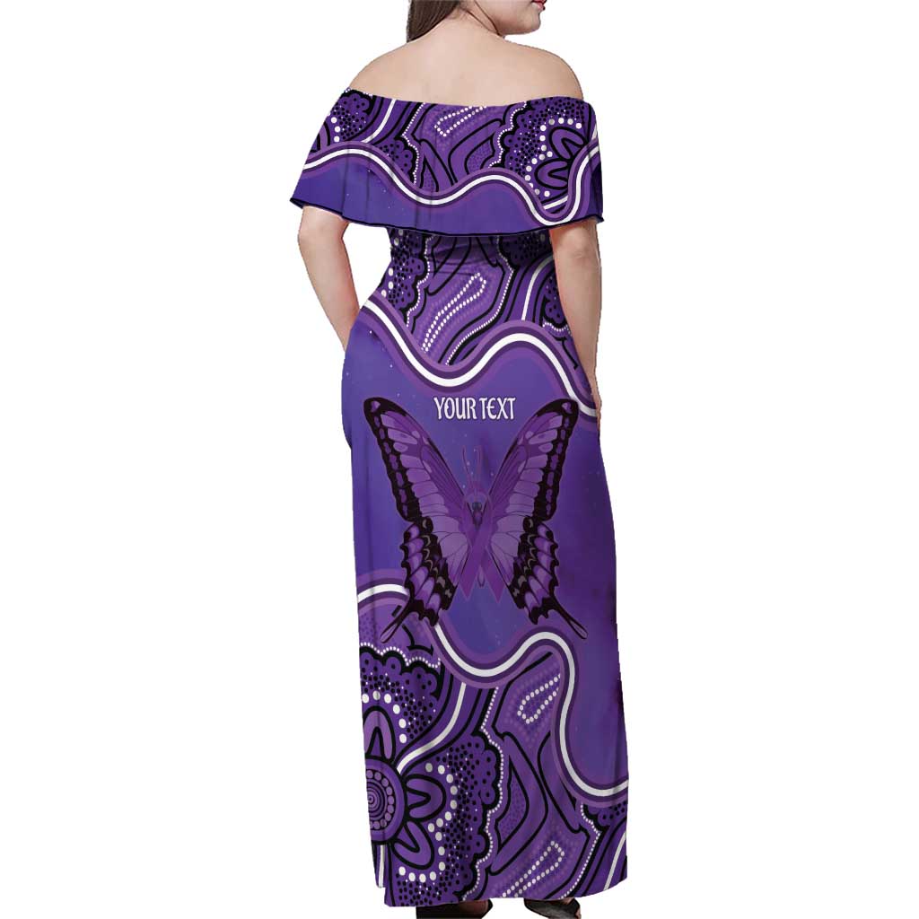 Australia Lupus Awareness Month Personalised Family Matching Off Shoulder Maxi Dress and Hawaiian Shirt Butterfly Purple Ribbon Invisible Illness Indigenous Art