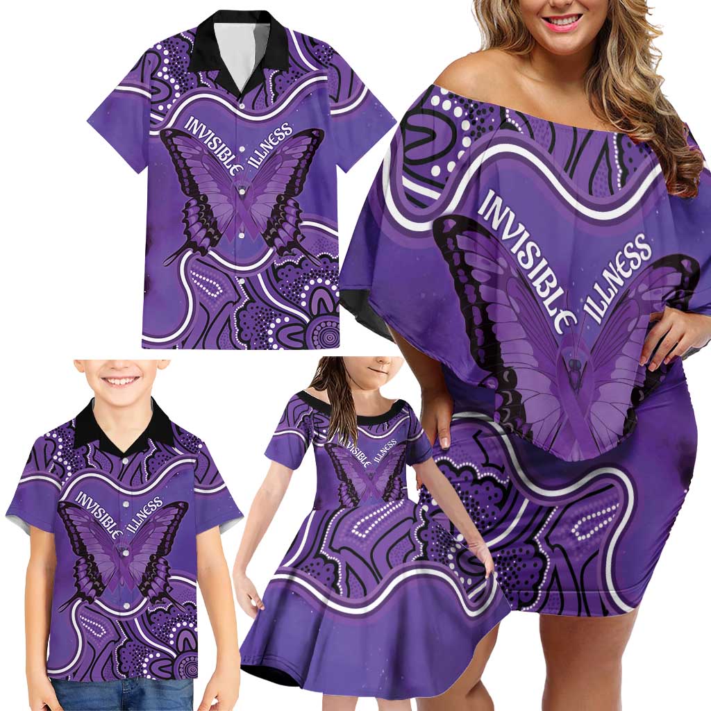 Australia Lupus Awareness Month Personalised Family Matching Off Shoulder Short Dress and Hawaiian Shirt Butterfly Purple Ribbon Invisible Illness Indigenous Art