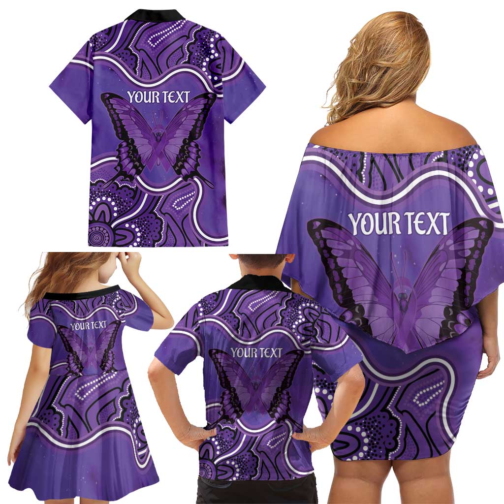 Australia Lupus Awareness Month Personalised Family Matching Off Shoulder Short Dress and Hawaiian Shirt Butterfly Purple Ribbon Invisible Illness Indigenous Art