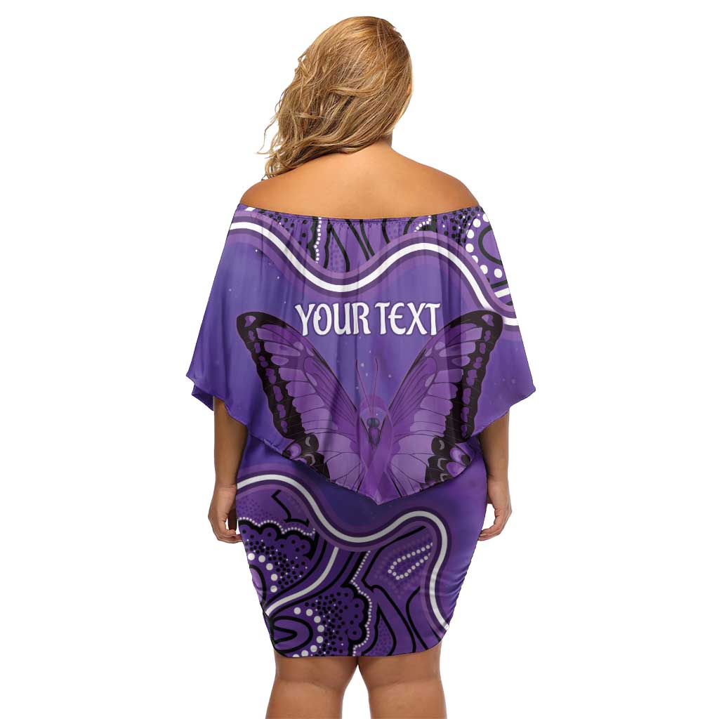 Australia Lupus Awareness Month Personalised Family Matching Off Shoulder Short Dress and Hawaiian Shirt Butterfly Purple Ribbon Invisible Illness Indigenous Art