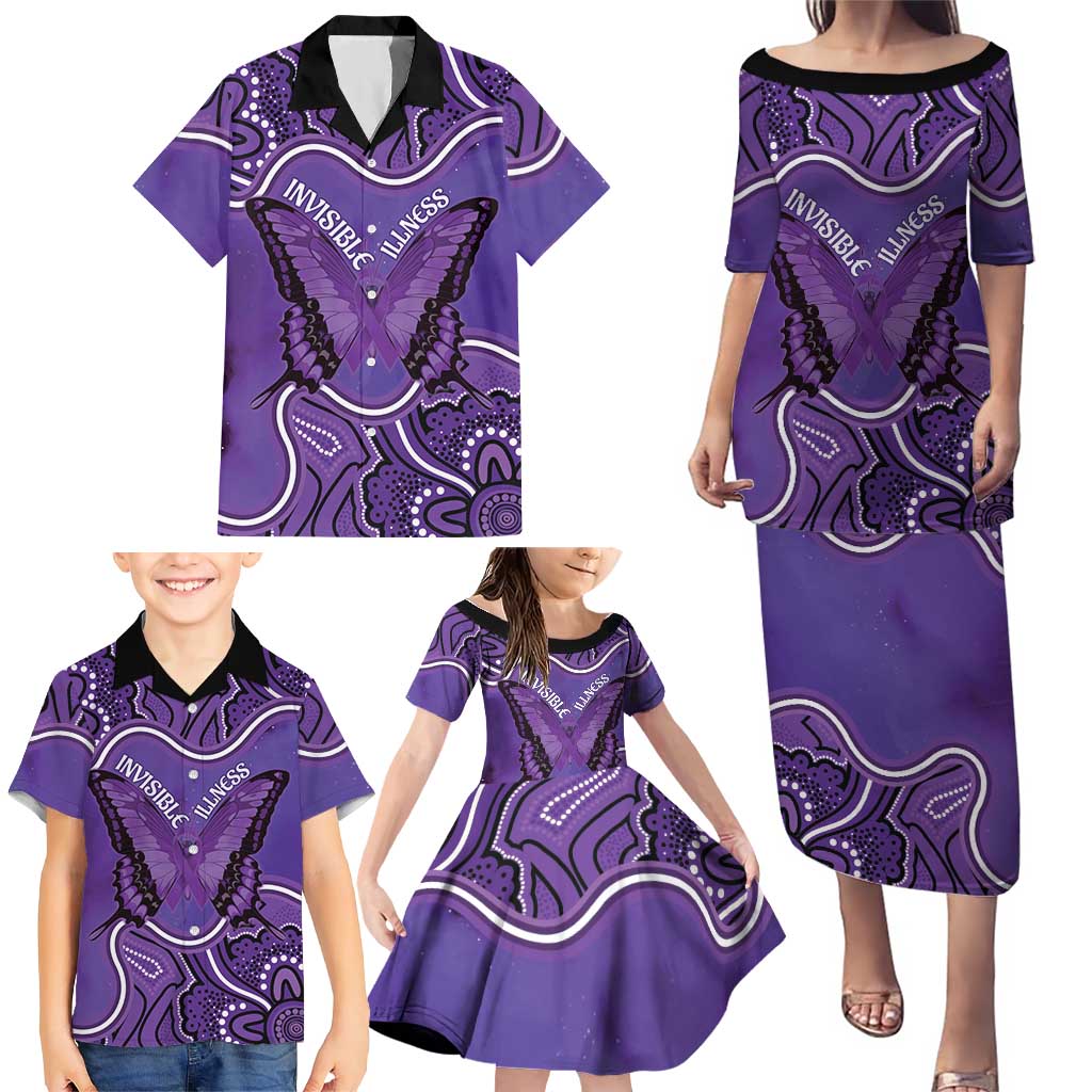 Australia Lupus Awareness Month Personalised Family Matching Puletasi and Hawaiian Shirt Butterfly Purple Ribbon Invisible Illness Indigenous Art