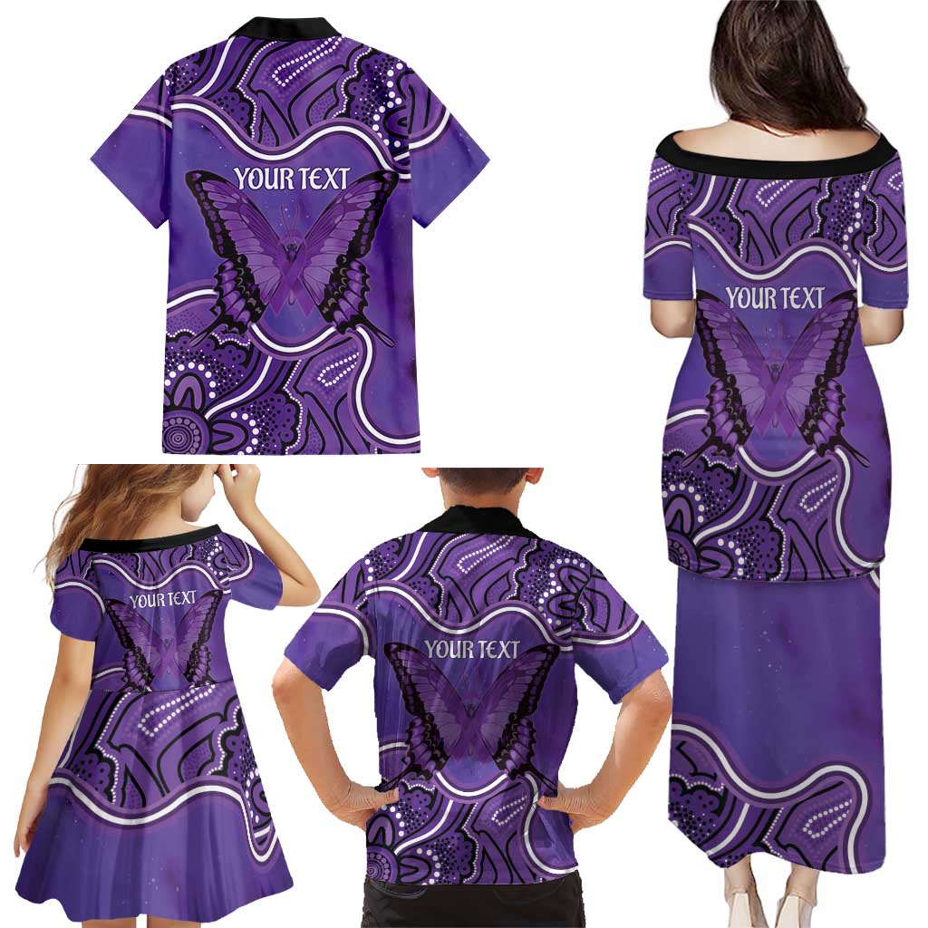 Australia Lupus Awareness Month Personalised Family Matching Puletasi and Hawaiian Shirt Butterfly Purple Ribbon Invisible Illness Indigenous Art