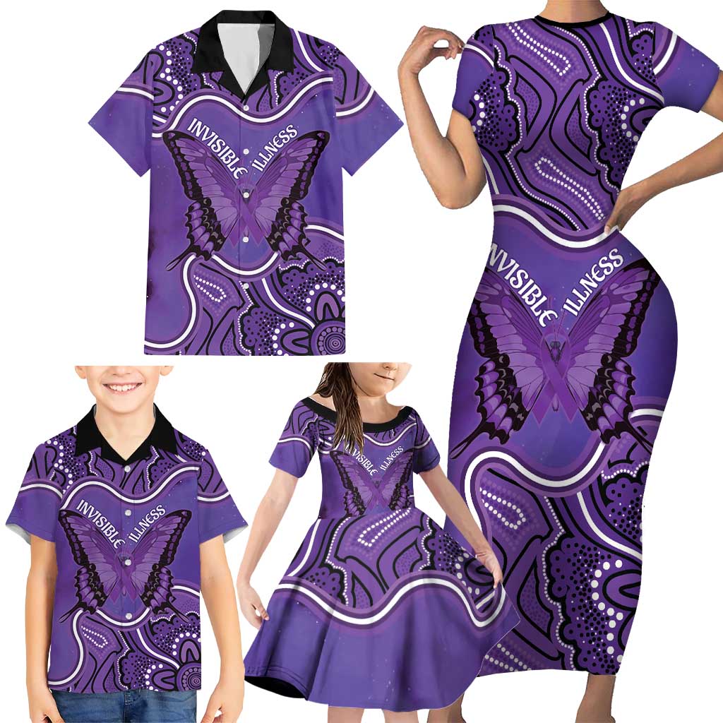 Australia Lupus Awareness Month Personalised Family Matching Short Sleeve Bodycon Dress and Hawaiian Shirt Butterfly Purple Ribbon Invisible Illness Indigenous Art