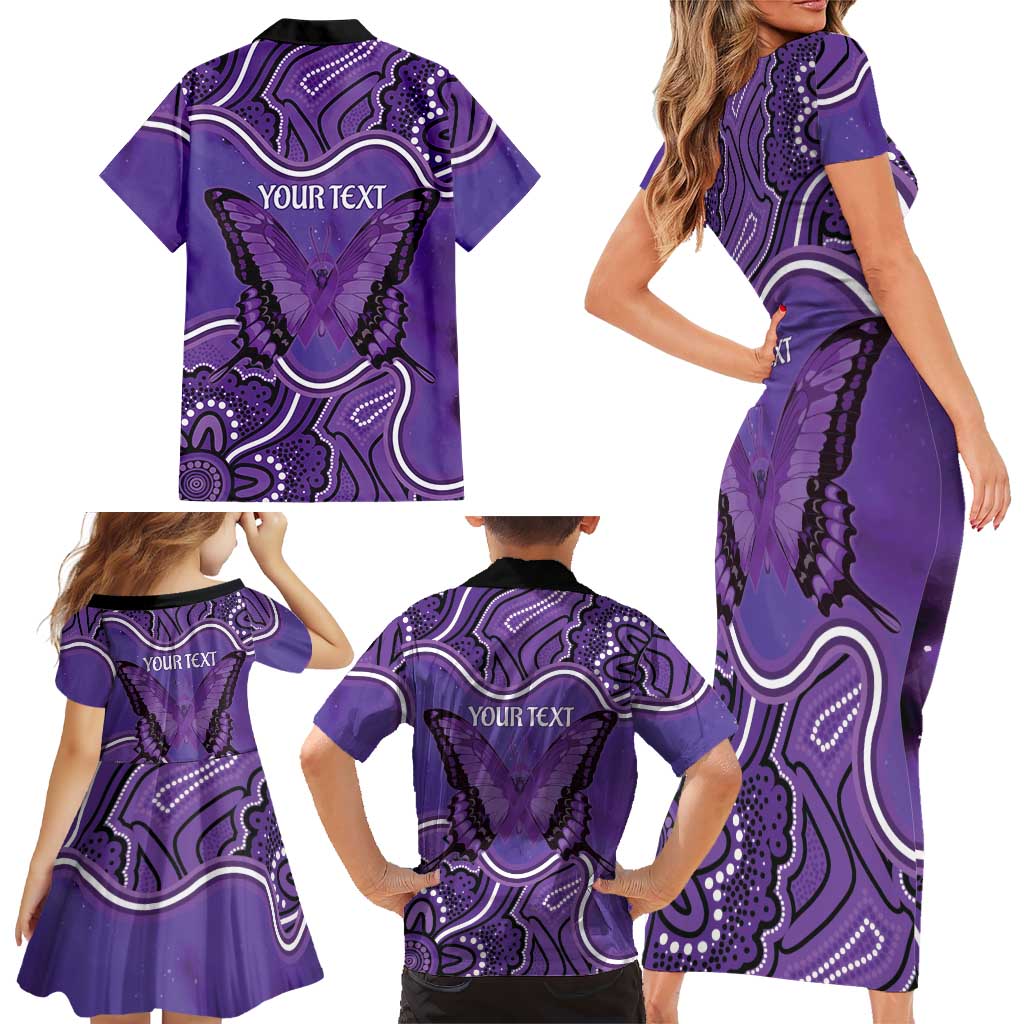 Australia Lupus Awareness Month Personalised Family Matching Short Sleeve Bodycon Dress and Hawaiian Shirt Butterfly Purple Ribbon Invisible Illness Indigenous Art
