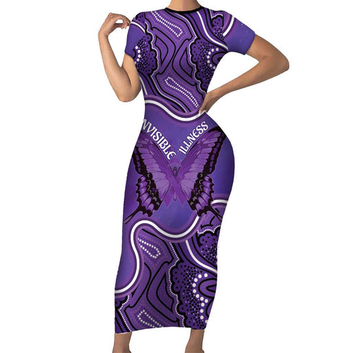 Australia Lupus Awareness Month Personalised Family Matching Short Sleeve Bodycon Dress and Hawaiian Shirt Butterfly Purple Ribbon Invisible Illness Indigenous Art