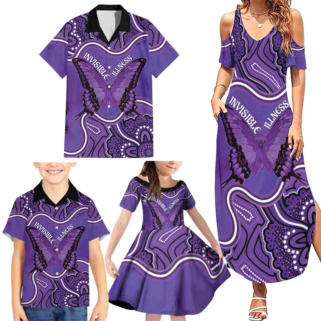 Australia Lupus Awareness Month Personalised Family Matching Summer Maxi Dress and Hawaiian Shirt Butterfly Purple Ribbon Invisible Illness Indigenous Art