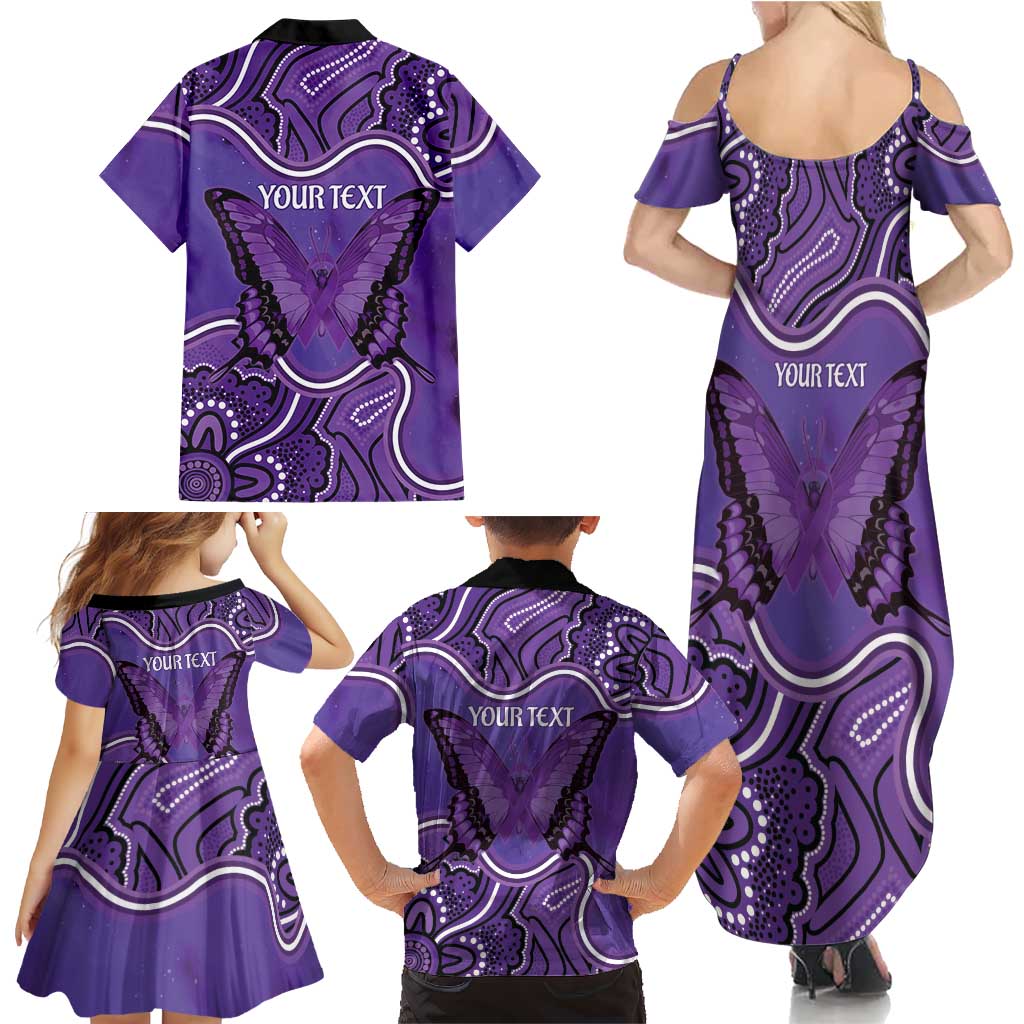 Australia Lupus Awareness Month Personalised Family Matching Summer Maxi Dress and Hawaiian Shirt Butterfly Purple Ribbon Invisible Illness Indigenous Art