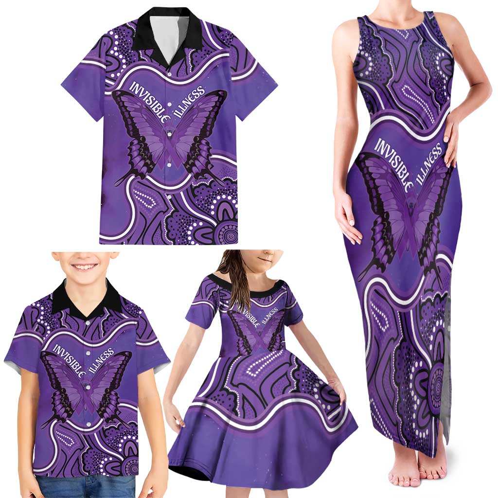 Australia Lupus Awareness Month Personalised Family Matching Tank Maxi Dress and Hawaiian Shirt Butterfly Purple Ribbon Invisible Illness Indigenous Art