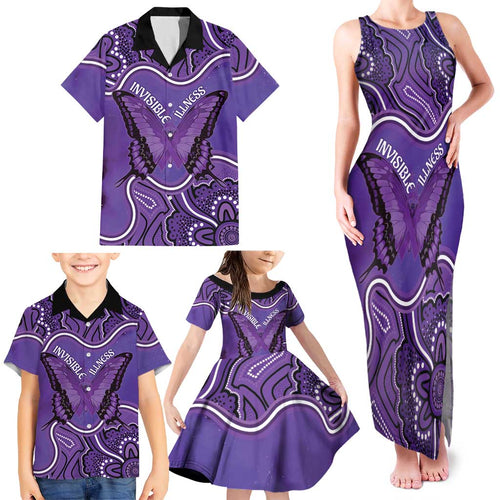 Australia Lupus Awareness Month Personalised Family Matching Tank Maxi Dress and Hawaiian Shirt Butterfly Purple Ribbon Invisible Illness Indigenous Art