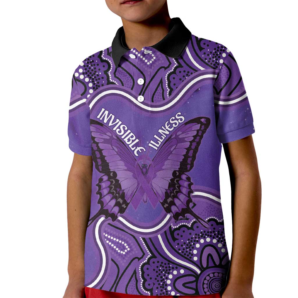 Australia Lupus Awareness Month Personalised Kid Polo Shirt Butterfly Purple Ribbon Invisible Illness Indigenous Art