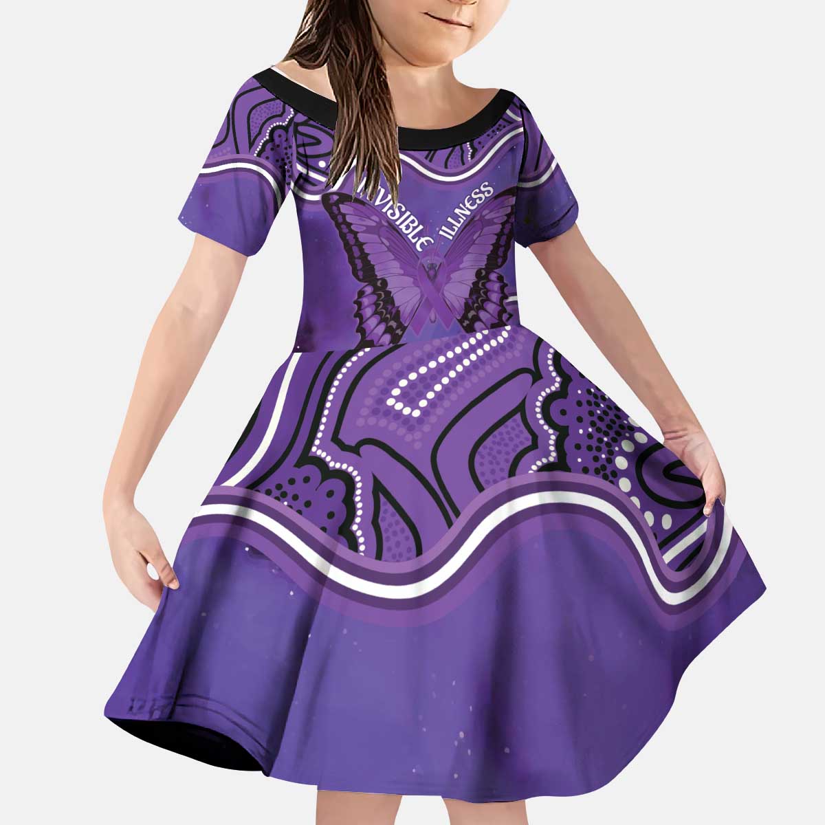 Australia Lupus Awareness Month Personalised Kid Short Sleeve Dress Butterfly Purple Ribbon Invisible Illness Indigenous Art