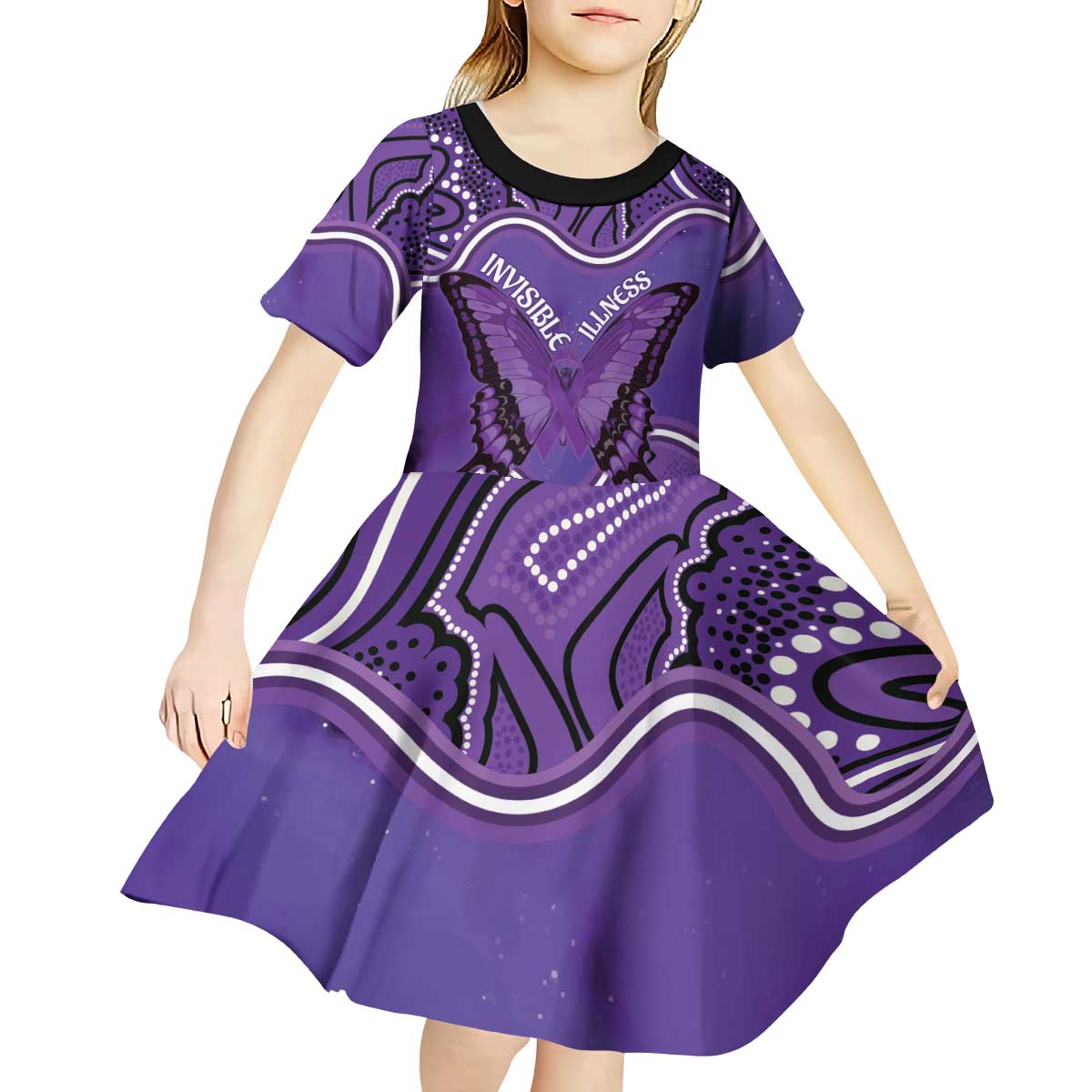 Australia Lupus Awareness Month Personalised Kid Short Sleeve Dress Butterfly Purple Ribbon Invisible Illness Indigenous Art