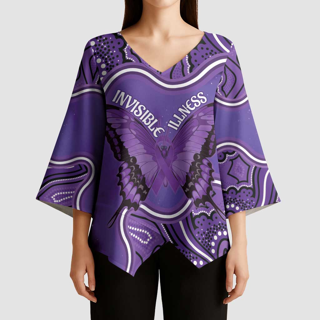Australia Lupus Awareness Month Personalised Kimono Sleeve Blouse Butterfly Purple Ribbon Invisible Illness Indigenous Art