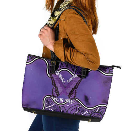 Australia Lupus Awareness Month Personalised Leather Tote Bag Butterfly Purple Ribbon Invisible Illness Indigenous Art
