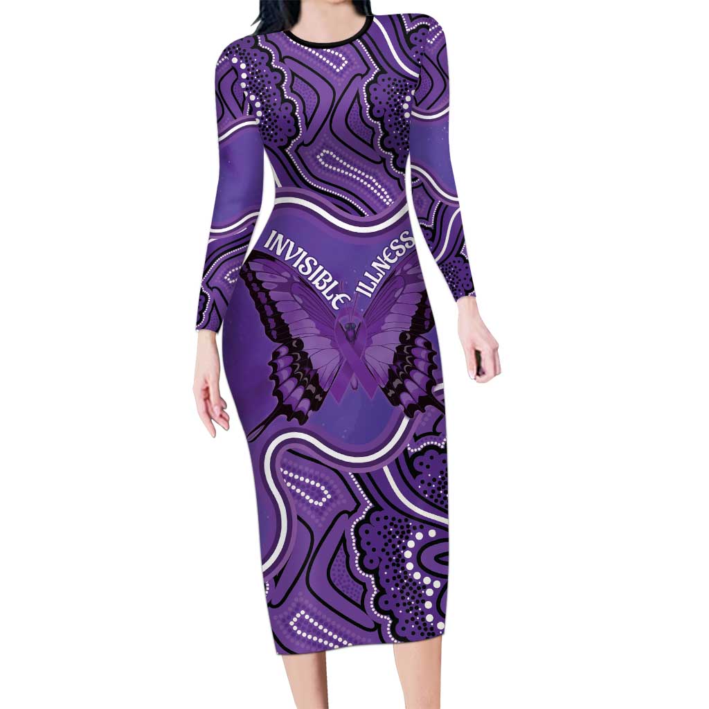 Australia Lupus Awareness Month Personalised Long Sleeve Bodycon Dress Butterfly Purple Ribbon Invisible Illness Indigenous Art