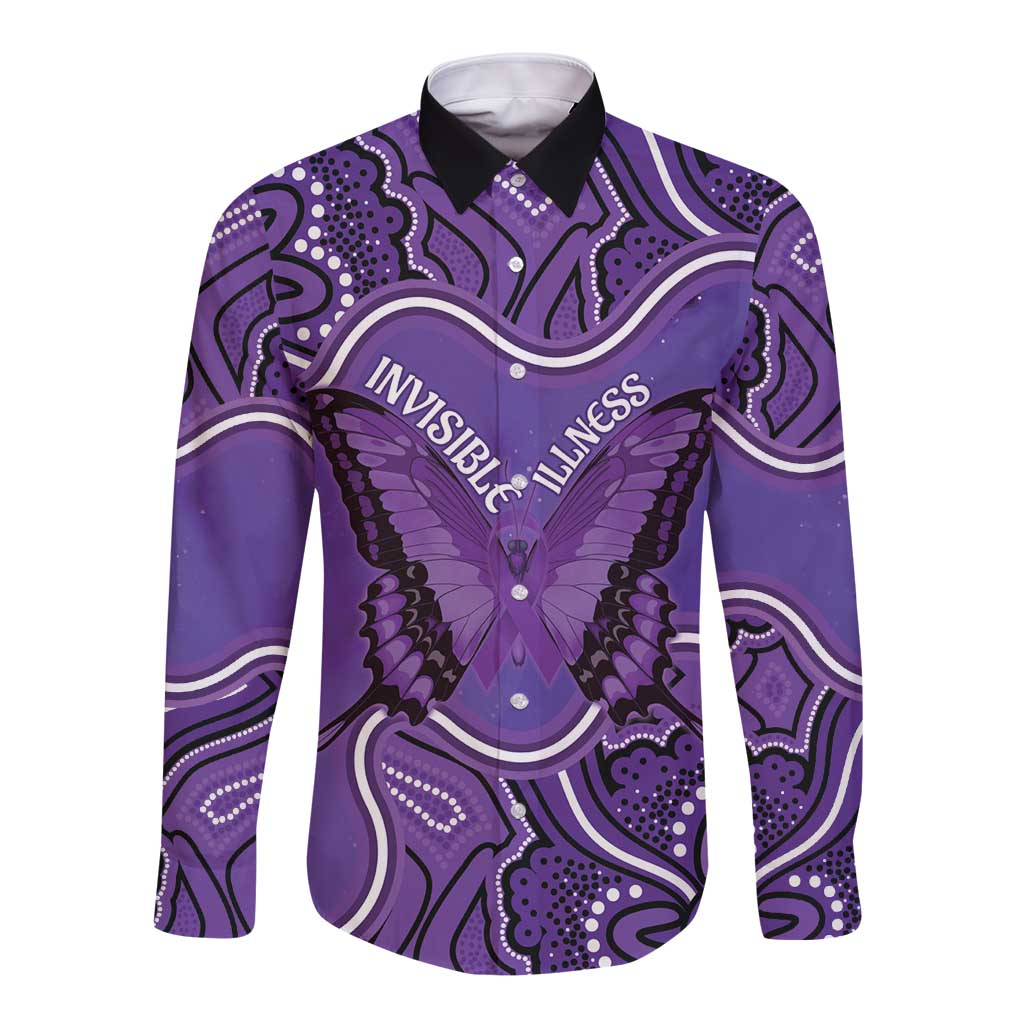 Australia Lupus Awareness Month Personalised Long Sleeve Button Shirt Butterfly Purple Ribbon Invisible Illness Indigenous Art