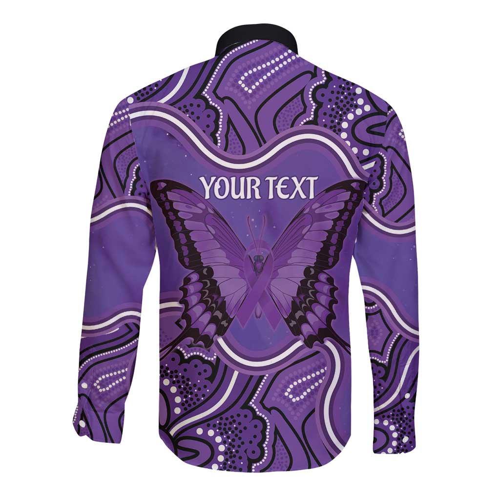 Australia Lupus Awareness Month Personalised Long Sleeve Button Shirt Butterfly Purple Ribbon Invisible Illness Indigenous Art