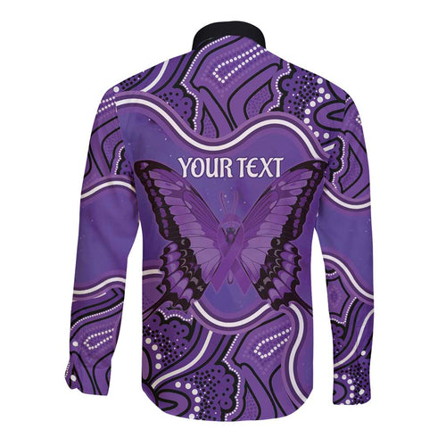 Australia Lupus Awareness Month Personalised Long Sleeve Button Shirt Butterfly Purple Ribbon Invisible Illness Indigenous Art