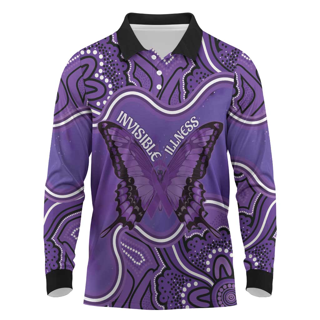 Australia Lupus Awareness Month Personalised Long Sleeve Polo Shirt Butterfly Purple Ribbon Invisible Illness Indigenous Art